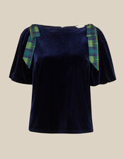 Vittoria Short Sleeve Tartan Bow Velvet Top, Blue (MIDNIGHT), large