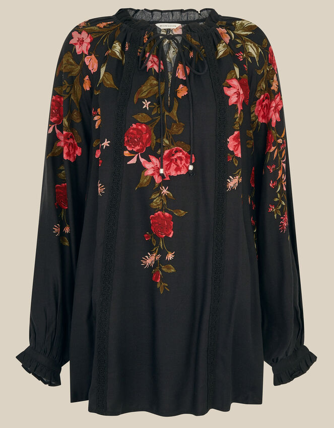 Camille V-Neck Floral Print Blouse, Black (BLACK), large