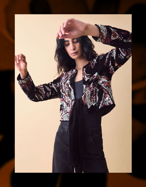 Clemence Rosalie Cropped Sequin Velvet Jacket, Black (BLACK), large