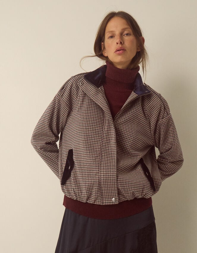Carly Funnel Neck Houndstooth Bomber Jacket, Brown (BROWN), large