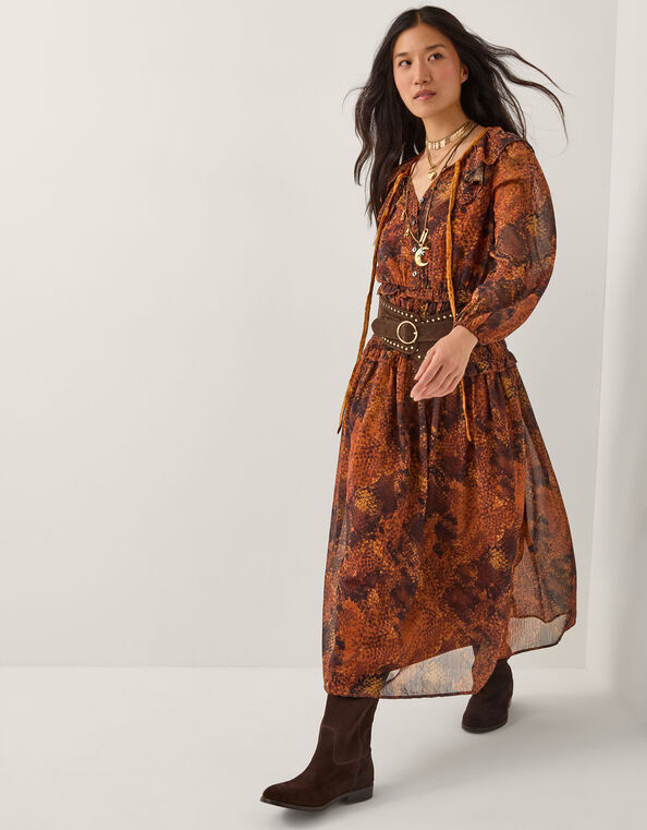 Synthia Snake Print Smocked Midi Dress, Yellow (OCHRE), large