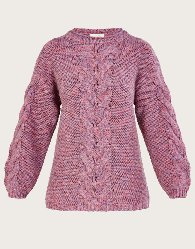 Melange Cable Knit Sweater with Recycled Polyester, Purple (PURPLE), large