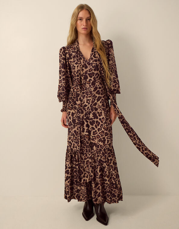Monsoon x Queens of Archive Pearl Tie Neck Leopard Print Maxi Dress​, Brown (BROWN), large