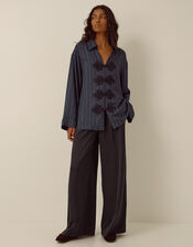 Ellie V-Neck Frogging Stripe Shirt , Blue (NAVY), large