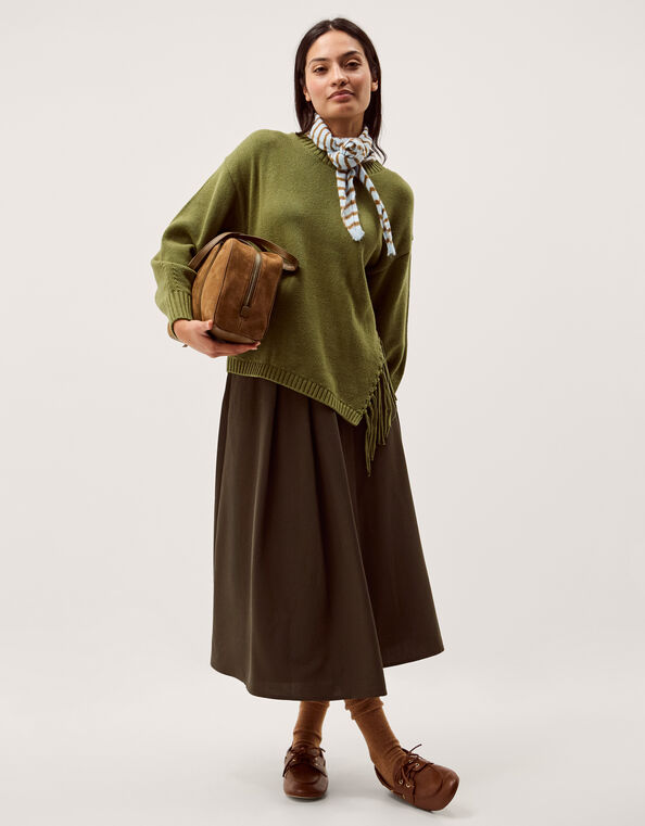 Fey Asymmetrical Fringe Sweater, Green (KHAKI), large