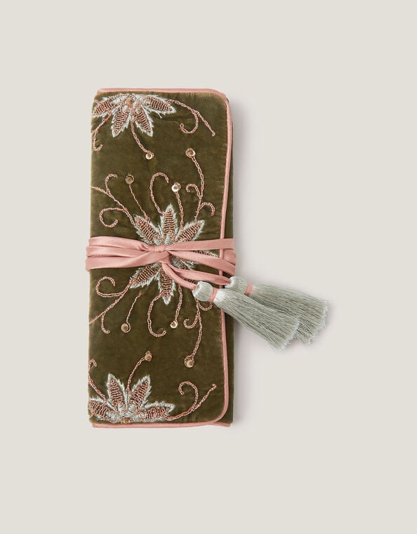Floral Embroidered Velvet Jewelry Storage Roll , , large