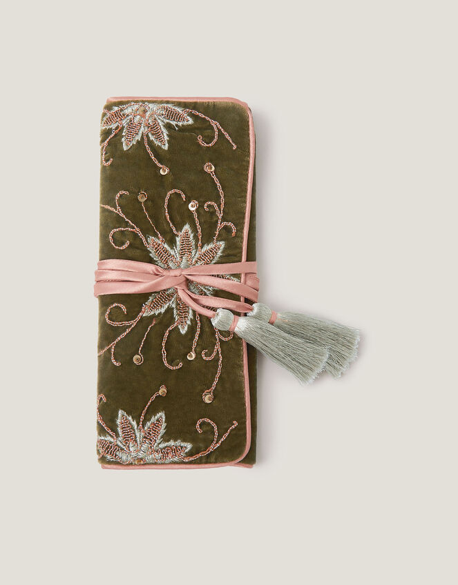 Floral Embroidered Velvet Jewellery Storage Roll , , large