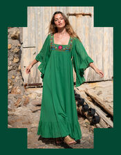 La Galeria Elefante Silver Embroidered Square Neck Maxi Dress, Green (GREEN), large