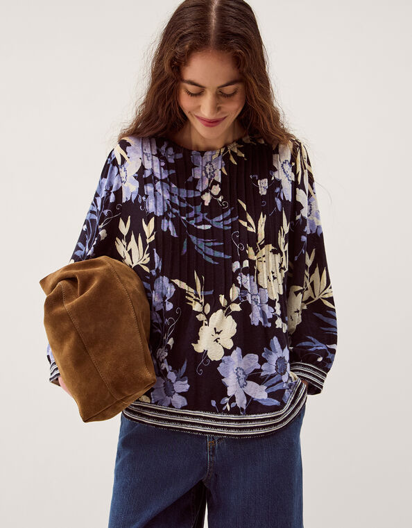 Nicolette Floral Linen Blend Top, Blue (NAVY), large