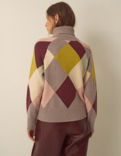 Avery Roll Neck Argyle Jumper, Mink (MINK), large