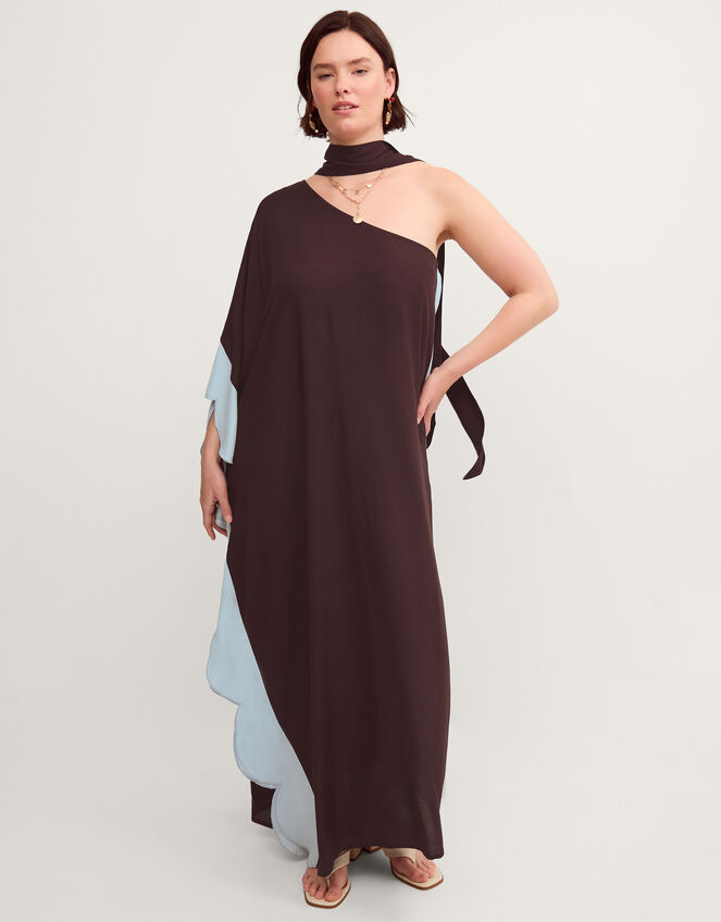 Callie Thorpe x Monsoon One Shoulder Scallop Kaftan Dress & Scarf​, Brown (BROWN), large