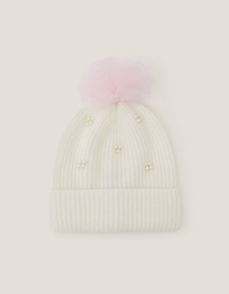 Tulle Pom-Pom Beanie Hat, Ivory (IVORY), large