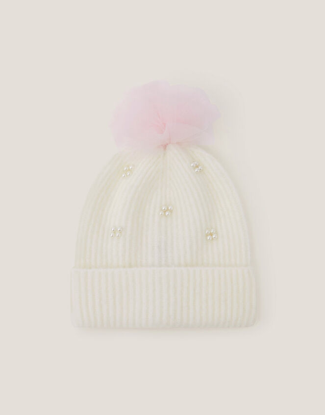 Tulle Pom-Pom Beanie Hat, Ivory (IVORY), large