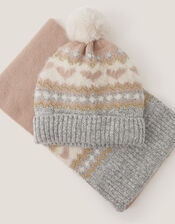 Fair Isle Heart Bobble Hat & Scarf Set, Multi (MULTI), large