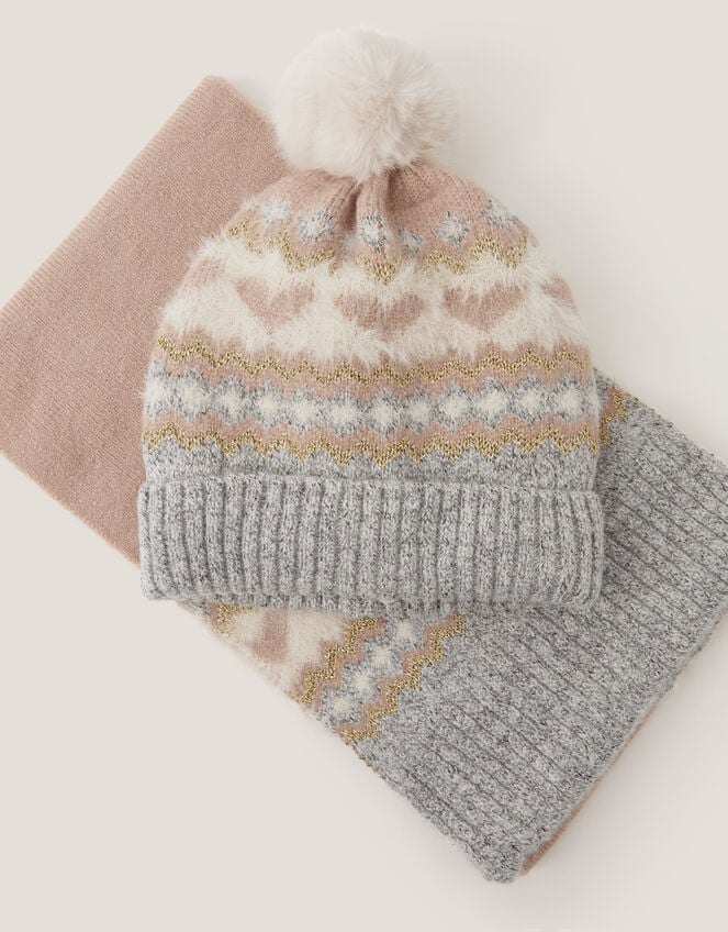Fair Isle Heart Bobble Hat & Scarf Set, Multi (MULTI), large