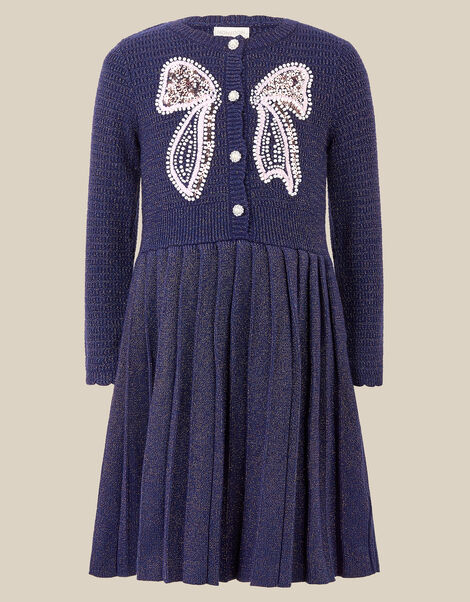 Embellished Bow Knitted Dress, Blue (NAVY), large