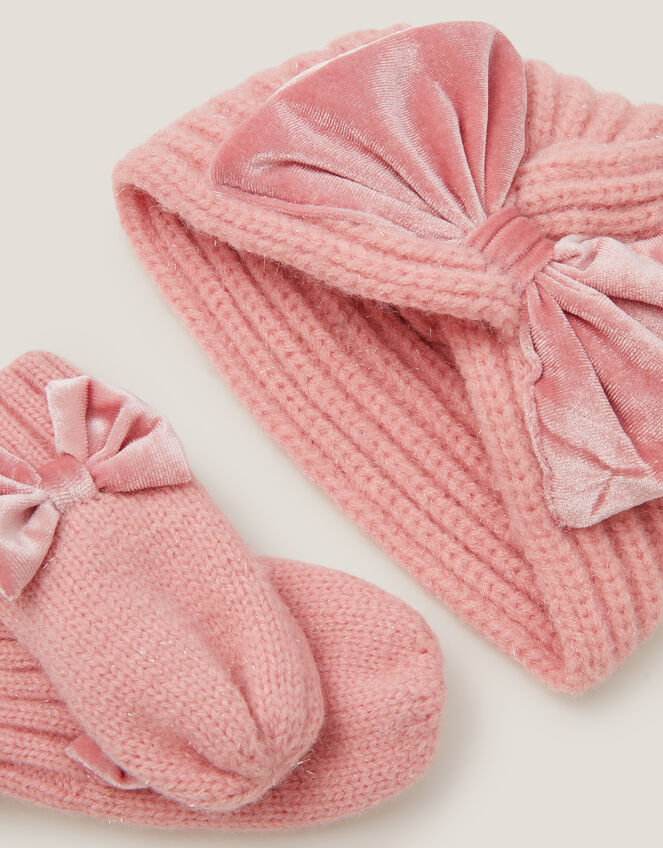 Baby Bow Knitted Hat & Mittens Set, Pink (PINK), large
