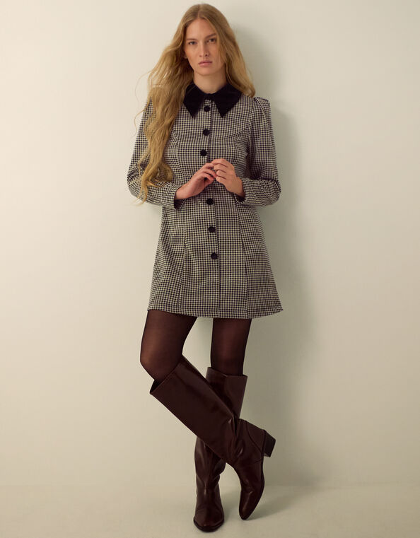 Monsoon x Queens of Archive Mary Velvet Collar Houndstooth Mini Dress​, Black (BLACK), large