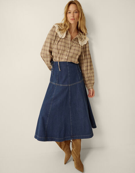 Macy Tie Side Denim Midi Skirt, Blue (MID AUTHENTIC BLUE), large