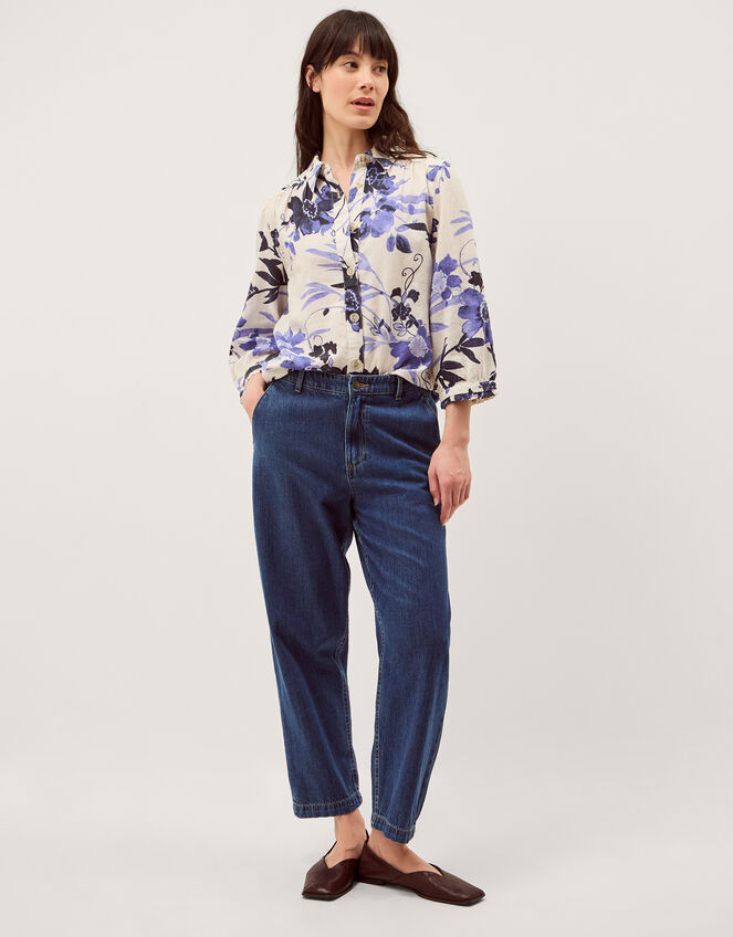 Nicolette Floral Linen Blend Shirt, Blue (BLUE), large