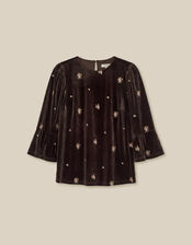 Emilee Flute Sleeve Embroidered Velvet Top, Brown (CHOCOLATE), large