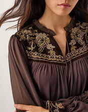 Nova Embroidered Yoke Chiffon Maxi Dress, Brown (CHOCOLATE), large