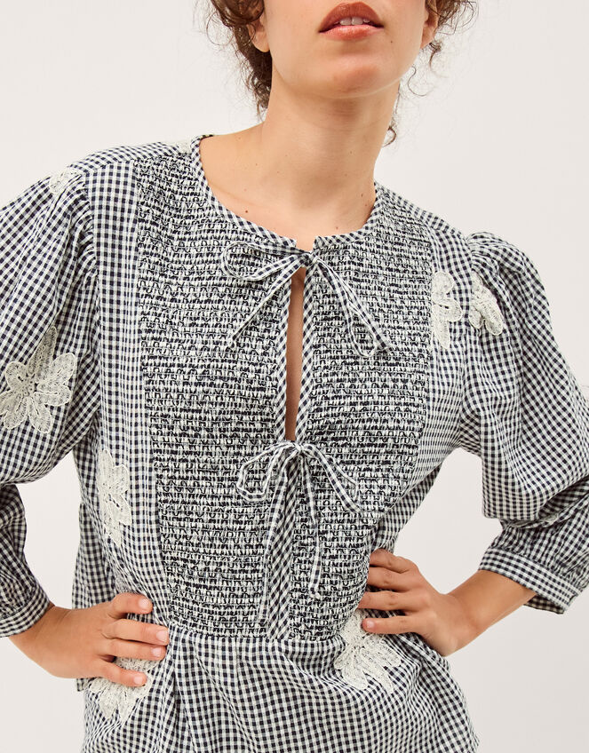 Mimi Embroidered Gingham Top, Black (BLACK), large