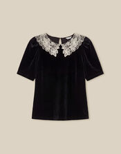 Lenora Lace Collar Velvet Top, Black (BLACK), large