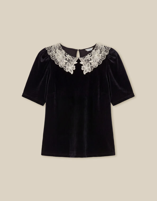 Lenora Lace Collar Velvet Top, Black (BLACK), large
