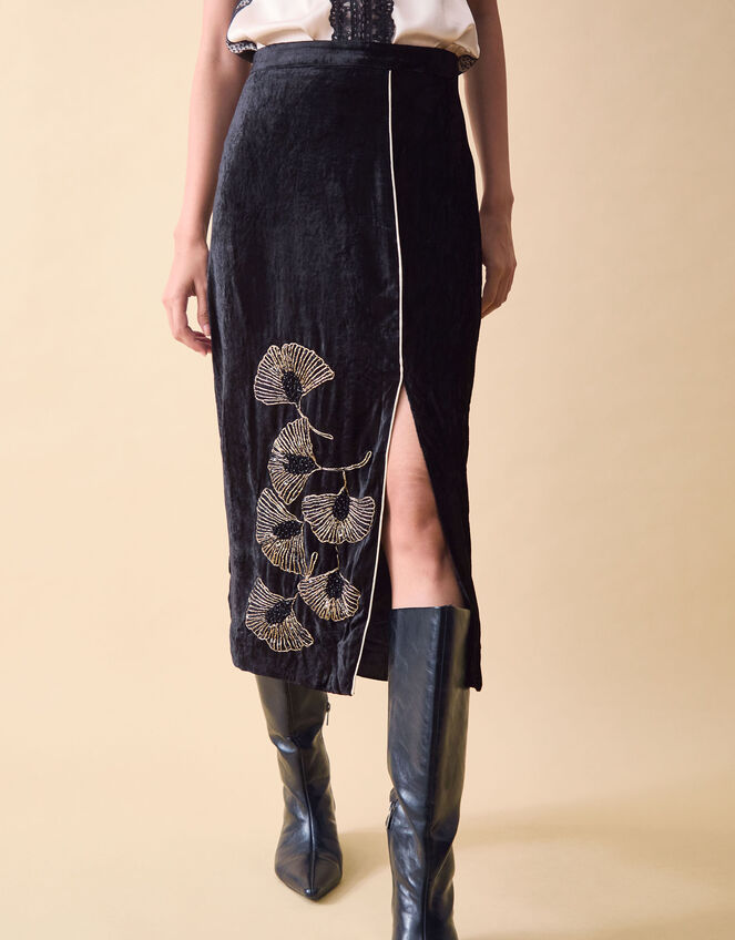 Clemence Alise Floral Embellished Velvet Midi Skirt, Black (BLACK), large