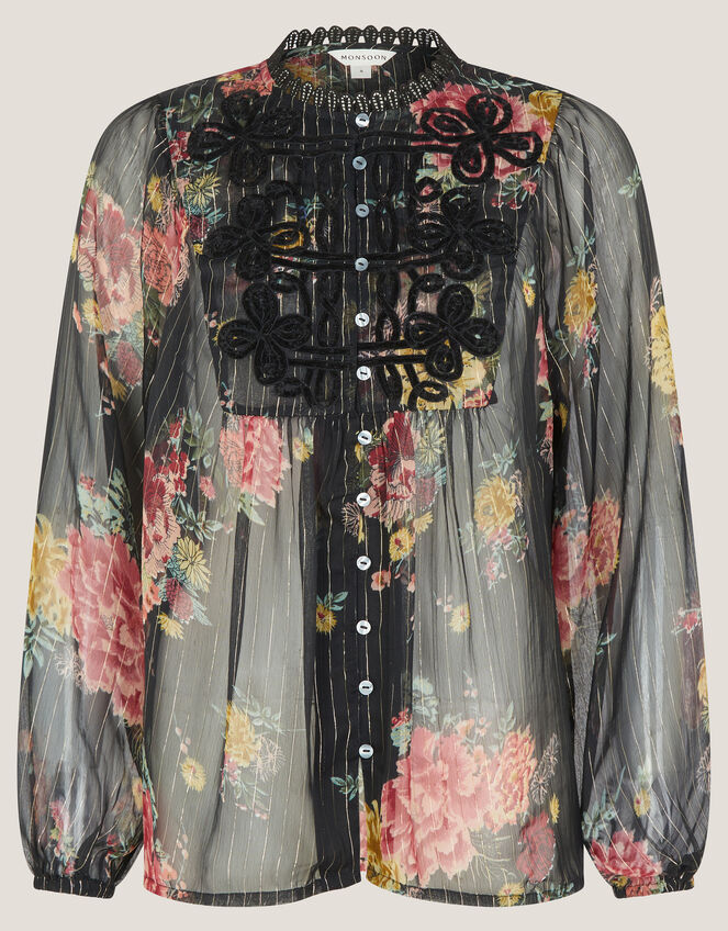 Azami Shimmer Stripe Floral Blouse, Black (BLACK), large