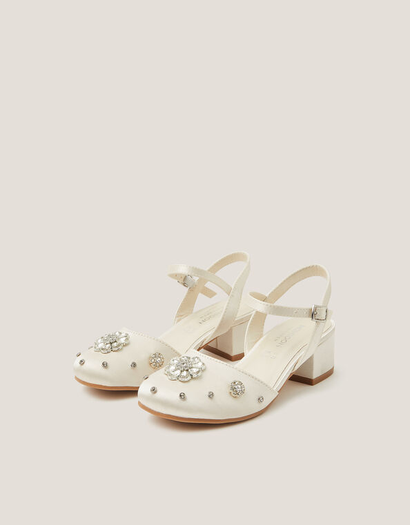 Flower Diamant&eacute; Satin Closed Toe Heels, Ivory (IVORY), large