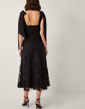 Briana Tie Floral Appliqu&eacute; Midi Dress, Black (BLACK), large