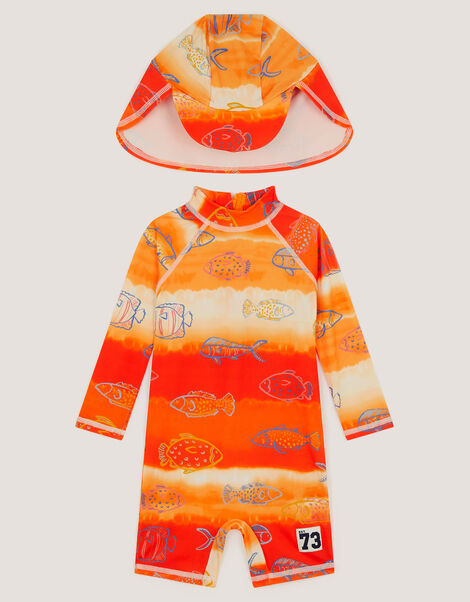 Fish Print UPF50+ Swimsuit & Sun Hat , Orange (ORANGE), large