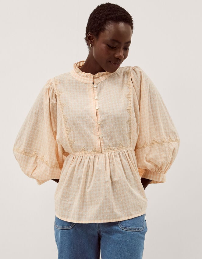 Jemima Embroidered Gingham Blouse, Orange (PEACH), large