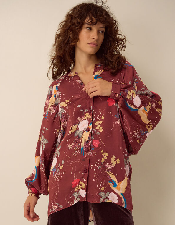 Clemence Seraphine Floral Print Satin Blouson Blouse, Red (BURGUNDY), large