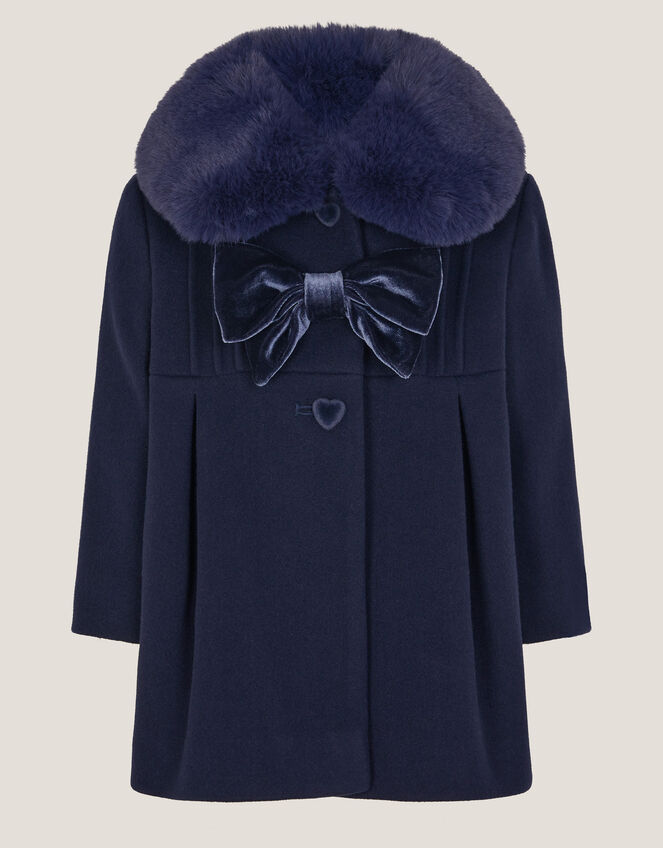 Baby Fluffy Collar Bow Coat, Blue (NAVY), large