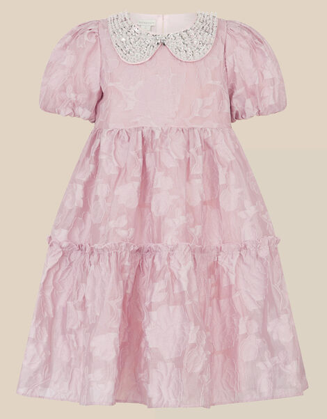 Saffron Sequin Collar Floral Jacquard Party Dress, Pink (PINK), large
