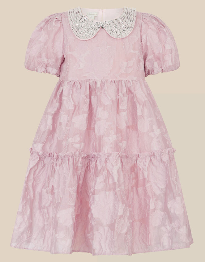 Saffron Sequin Collar Floral Jacquard Party Dress, Pink (PINK), large