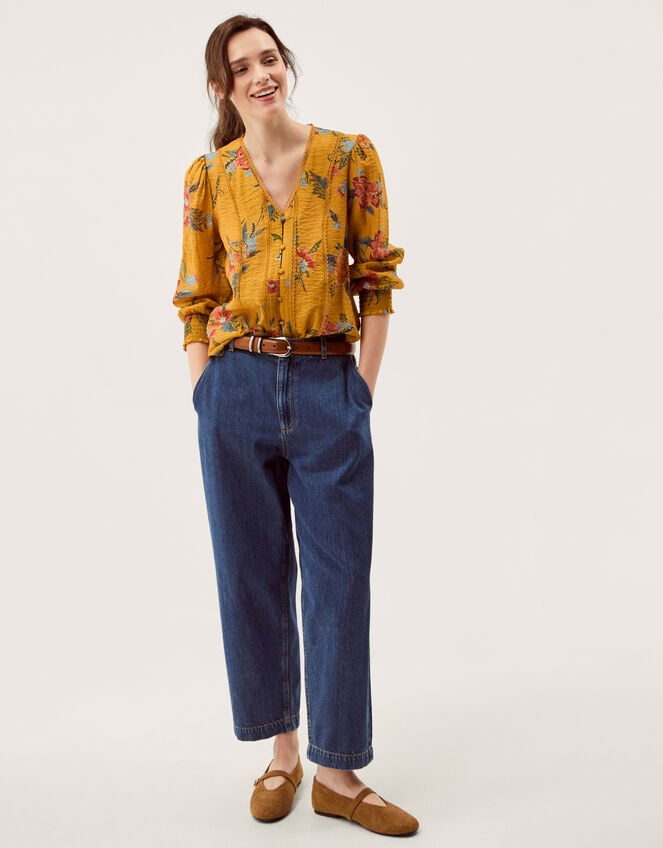Rosaleigh V-Neck Floral Blouse, Yellow (OCHRE), large