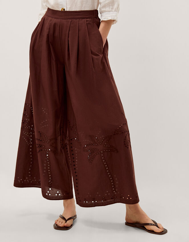 Eden Palm Cutwork Wide Leg Pants , Brown (BROWN), large