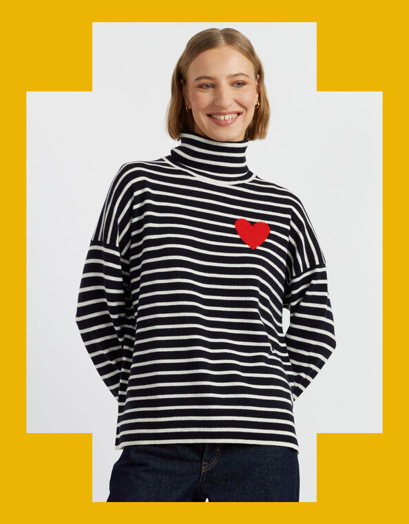 Chinti & Parker Heart Stripe Roll Neck Jumper, Blue (NAVY), large