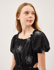 Puff Sleeve Floral Embroidered Dress, Black (BLACK), large