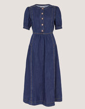 Eliza Puff Sleeve Denim Midi Dress, Blue (MID AUTHENTIC BLUE), large