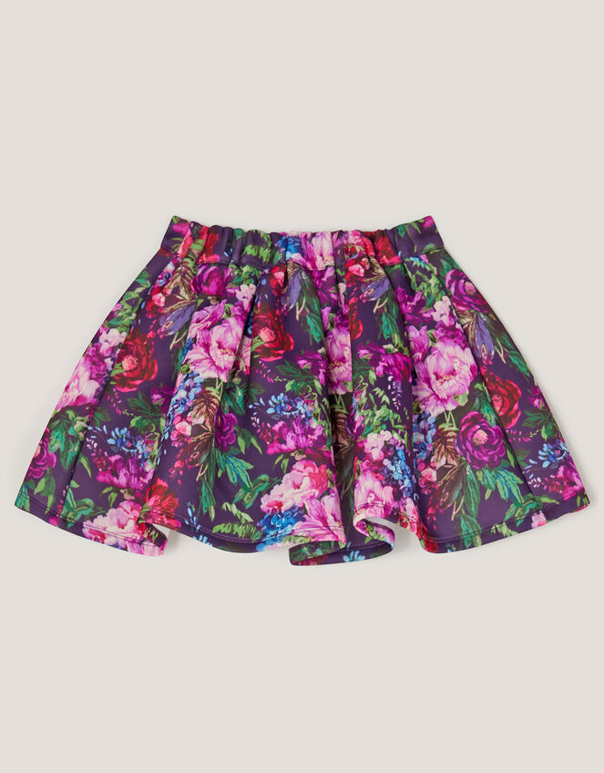 Floral Print Bow Scuba Skirt, Purple (PURPLE), large
