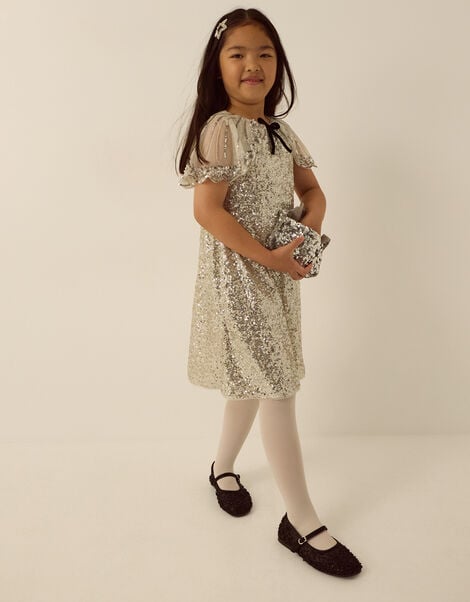 Monsoon x Queens of Archive Cape Sleeve Sequin Party Dress, Silver (SILVER), large