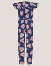 Heart Print Smock Jumpsuit, Blue (NAVY), large