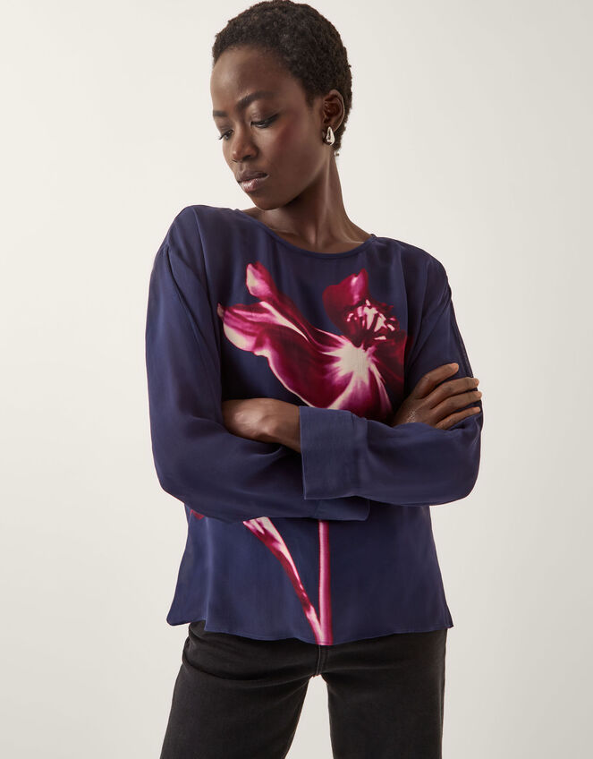 Polly Floral Print Blouse , Blue (NAVY), large