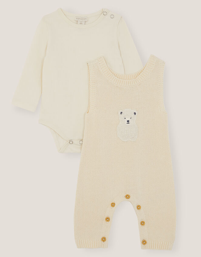 Newborn Polar Bear Knitted Dungarees Set, Ivory (IVORY), large
