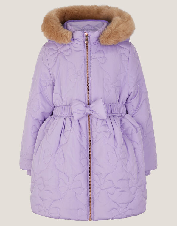 Faux Fur Hooded Bow Quilted Coat, Purple (LILAC), large